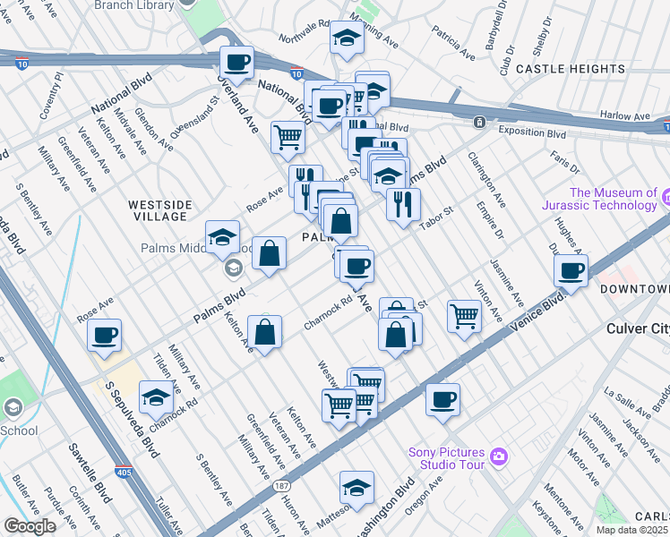 map of restaurants, bars, coffee shops, grocery stores, and more near 10729 Tabor Street in Los Angeles
