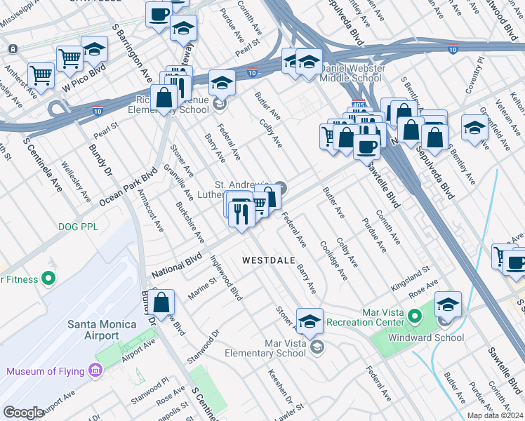 map of restaurants, bars, coffee shops, grocery stores, and more near 11650 National Boulevard in Los Angeles