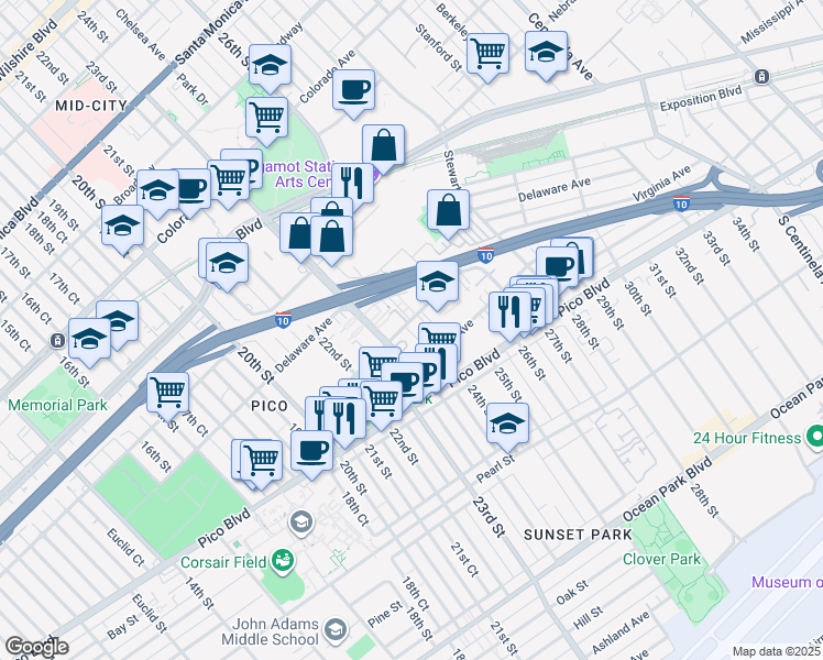 map of restaurants, bars, coffee shops, grocery stores, and more near 2009 Cloverfield Boulevard in Santa Monica