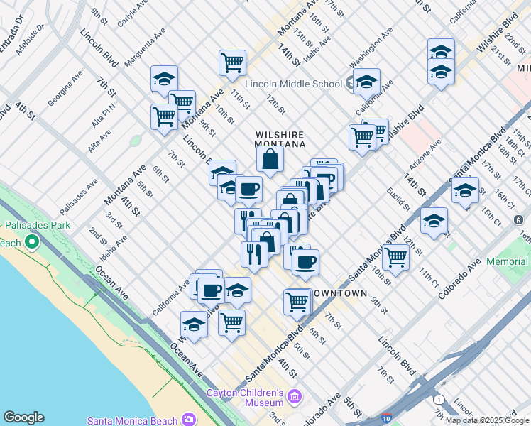 map of restaurants, bars, coffee shops, grocery stores, and more near 1123 Lincoln Boulevard in Santa Monica
