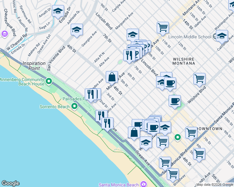 map of restaurants, bars, coffee shops, grocery stores, and more near 837 3rd Street in Santa Monica