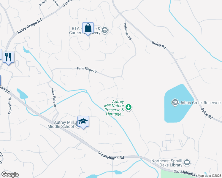 map of restaurants, bars, coffee shops, grocery stores, and more near 320 Falls Point Trail in Alpharetta