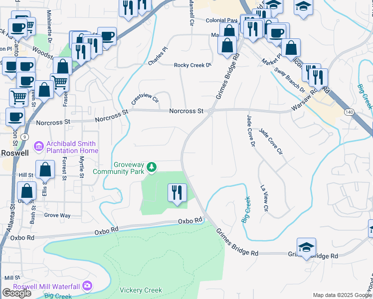 map of restaurants, bars, coffee shops, grocery stores, and more near 505 Brentwood Court in Roswell