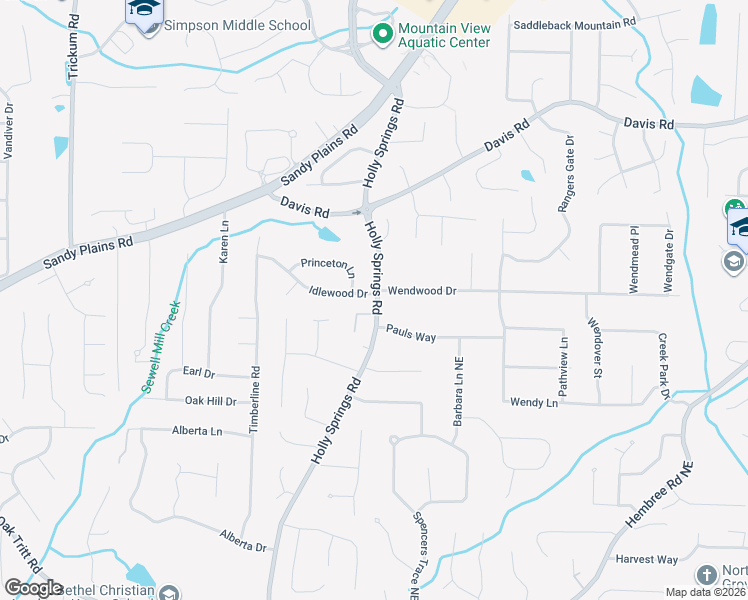 map of restaurants, bars, coffee shops, grocery stores, and more near 2985 Holly Springs Road in Marietta