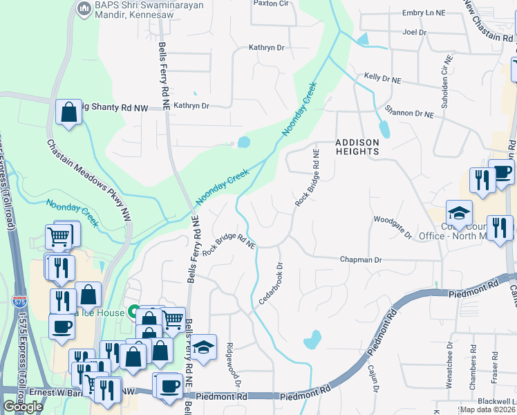 map of restaurants, bars, coffee shops, grocery stores, and more near 210 Vistawood Lane Northeast in Marietta