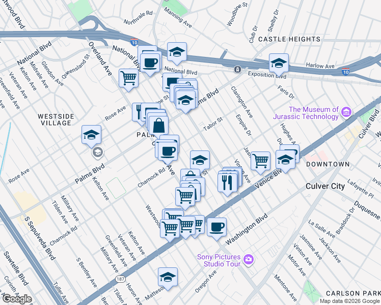map of restaurants, bars, coffee shops, grocery stores, and more near 3633 Mentone Avenue in Los Angeles