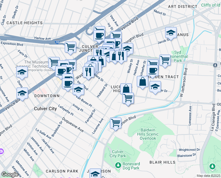 map of restaurants, bars, coffee shops, grocery stores, and more near 9025 Carson Street in Culver City