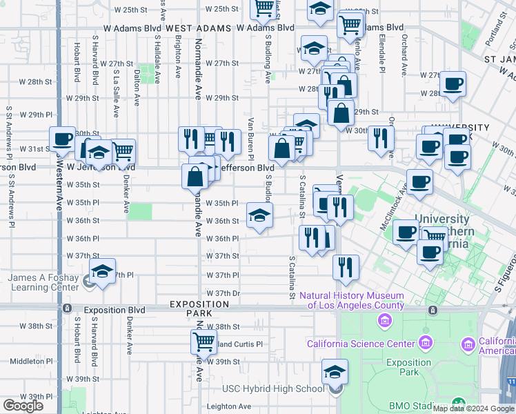 map of restaurants, bars, coffee shops, grocery stores, and more near 1266 West 35th Place in Los Angeles