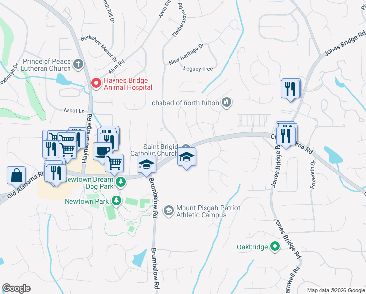map of restaurants, bars, coffee shops, grocery stores, and more near 9905 Timberstone Rd in Alpharetta