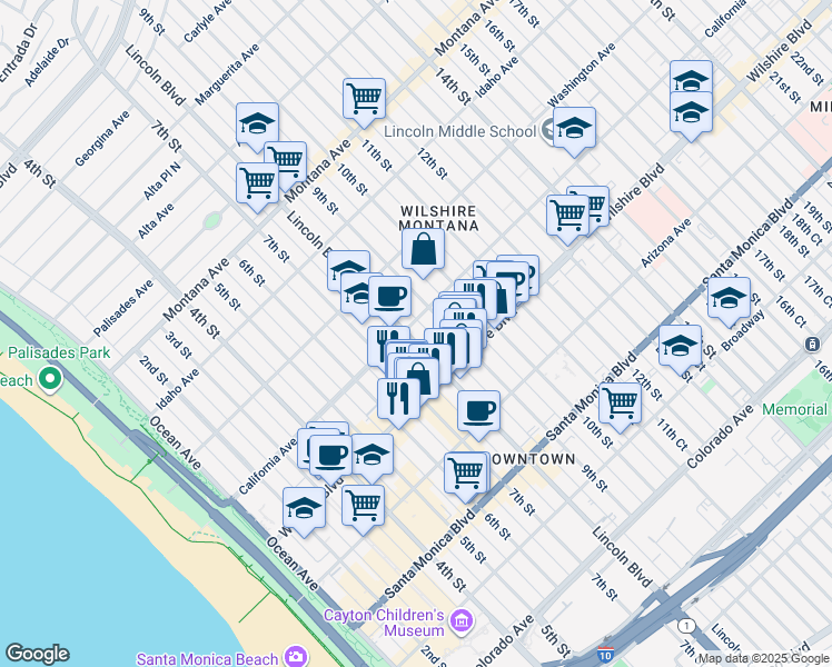 map of restaurants, bars, coffee shops, grocery stores, and more near 1101 Lincoln Boulevard in Santa Monica