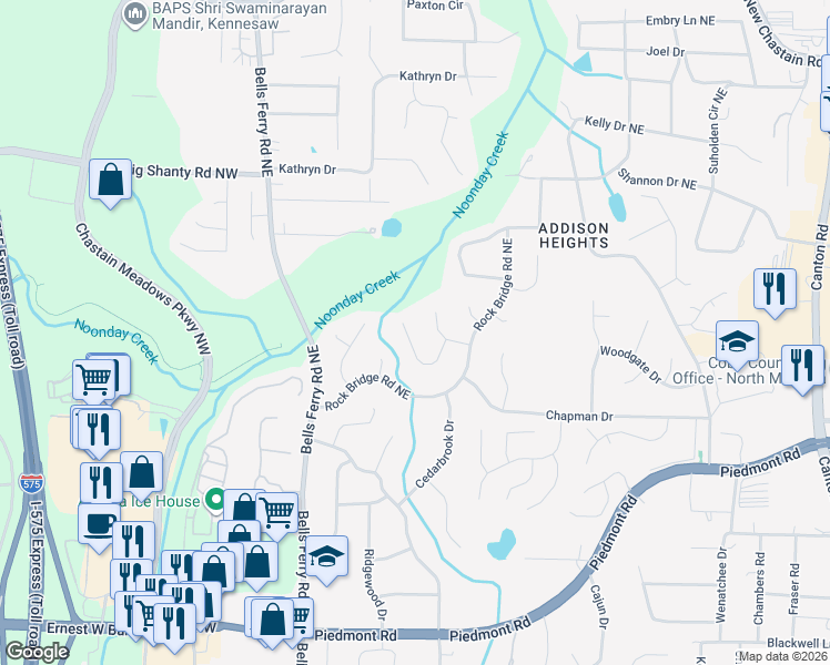 map of restaurants, bars, coffee shops, grocery stores, and more near 210 Vistawood Lane Northeast in Marietta