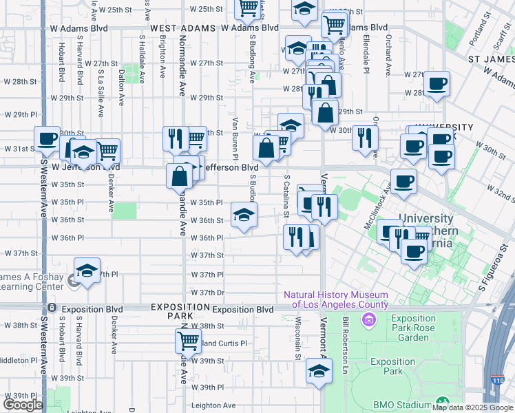 map of restaurants, bars, coffee shops, grocery stores, and more near 3568 Budlong Avenue in Los Angeles