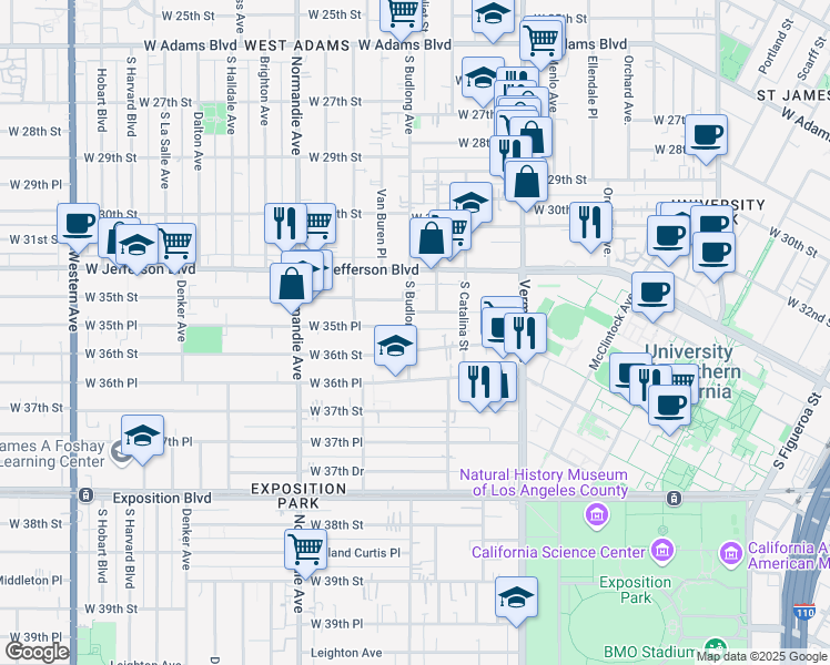 map of restaurants, bars, coffee shops, grocery stores, and more near 3568 Budlong Avenue in Los Angeles