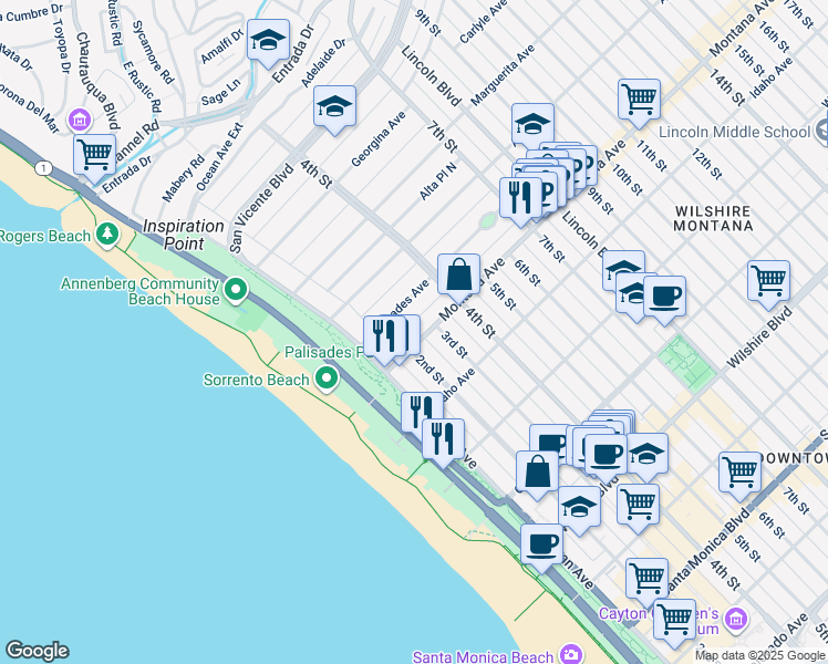 map of restaurants, bars, coffee shops, grocery stores, and more near 209 Montana Avenue in Santa Monica