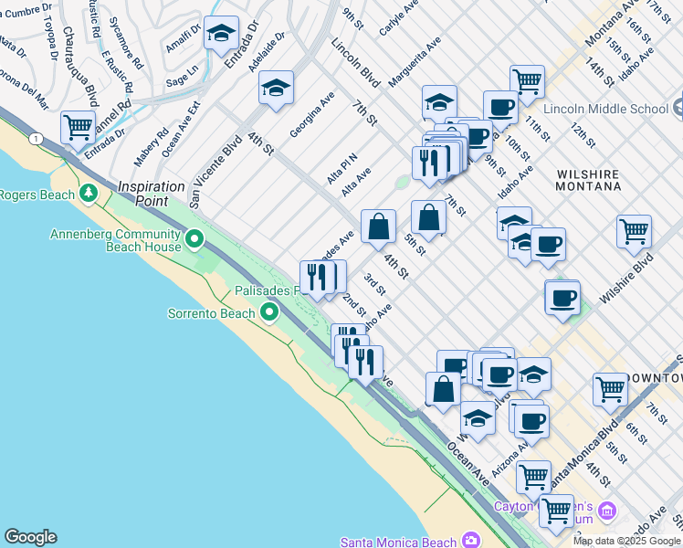 map of restaurants, bars, coffee shops, grocery stores, and more near 209 Montana Avenue in Santa Monica