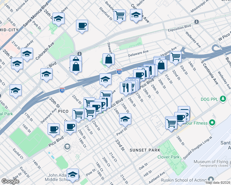 map of restaurants, bars, coffee shops, grocery stores, and more near 2428 Kansas Avenue in Santa Monica