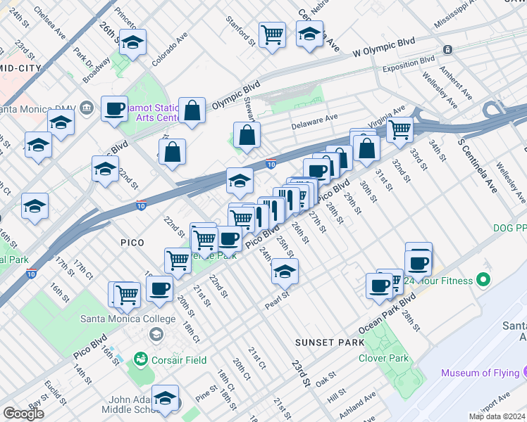 map of restaurants, bars, coffee shops, grocery stores, and more near 2428 Kansas Avenue in Santa Monica