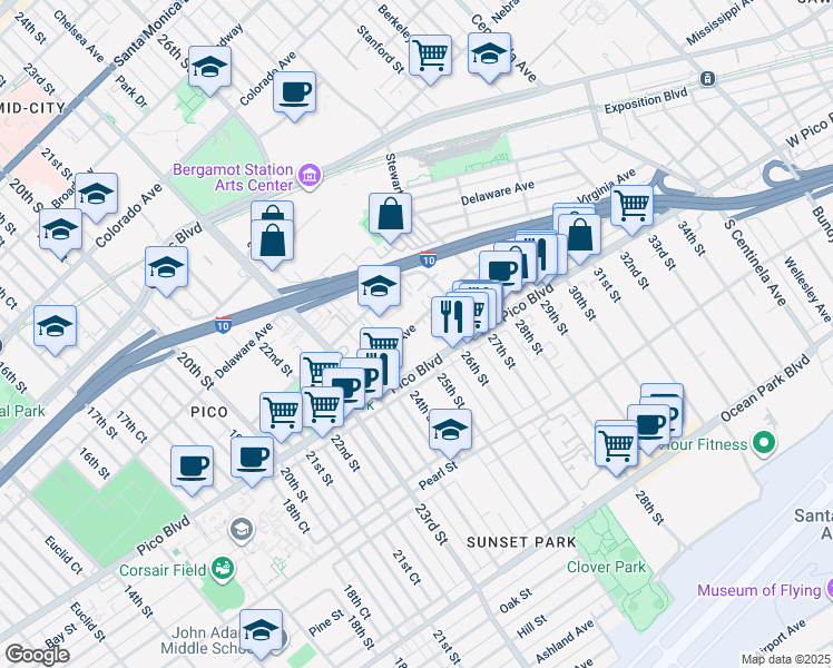 map of restaurants, bars, coffee shops, grocery stores, and more near 2428 Kansas Avenue in Santa Monica