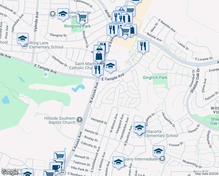 map of restaurants, bars, coffee shops, grocery stores, and more near 17350 Temple Avenue in La Puente