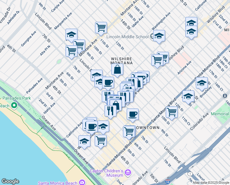 map of restaurants, bars, coffee shops, grocery stores, and more near 1101 Lincoln Boulevard in Santa Monica