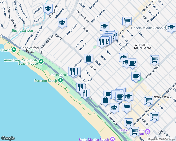 map of restaurants, bars, coffee shops, grocery stores, and more near 821 3rd Street in Santa Monica