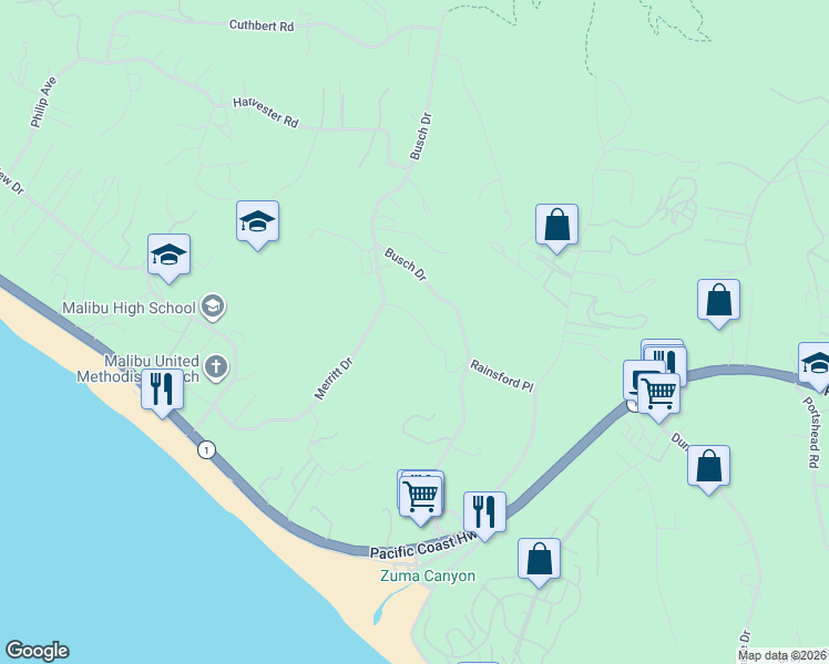 map of restaurants, bars, coffee shops, grocery stores, and more near 6110 Merritt Drive in Malibu