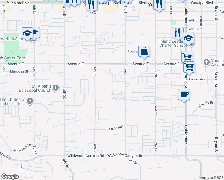 map of restaurants, bars, coffee shops, grocery stores, and more near 34617 Creekwood Court in Yucaipa