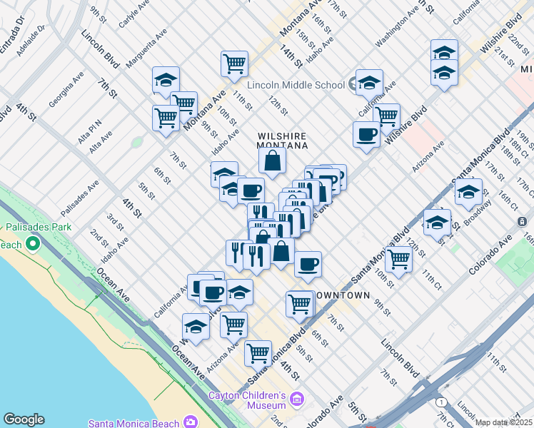 map of restaurants, bars, coffee shops, grocery stores, and more near 1101 Lincoln Boulevard in Santa Monica