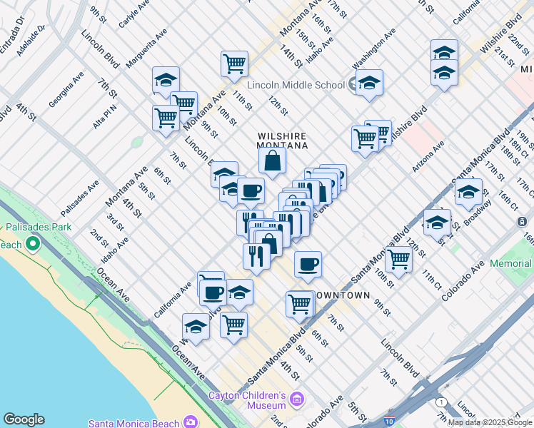 map of restaurants, bars, coffee shops, grocery stores, and more near 1123 Lincoln Boulevard in Santa Monica