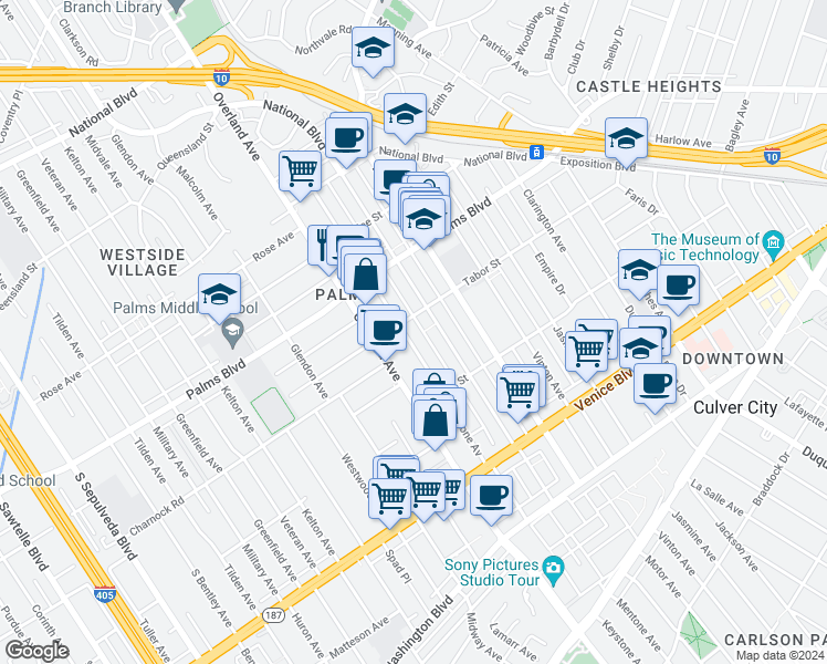 map of restaurants, bars, coffee shops, grocery stores, and more near 3612 Keystone Avenue in Los Angeles