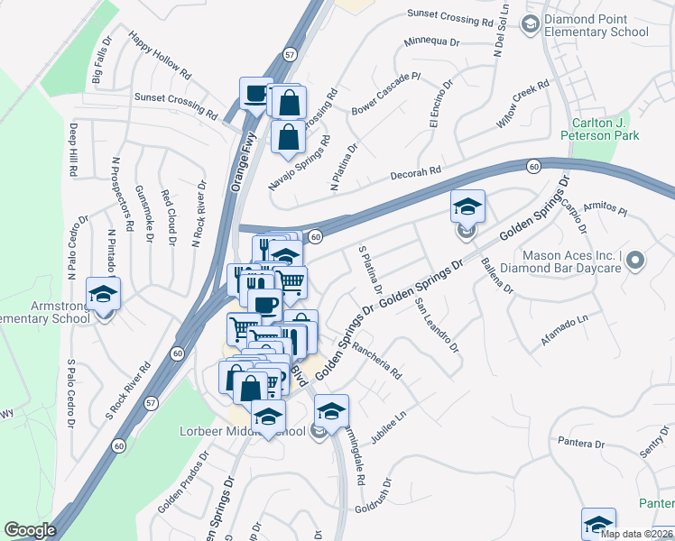 map of restaurants, bars, coffee shops, grocery stores, and more near 23632 Prospect Valley Drive in Diamond Bar