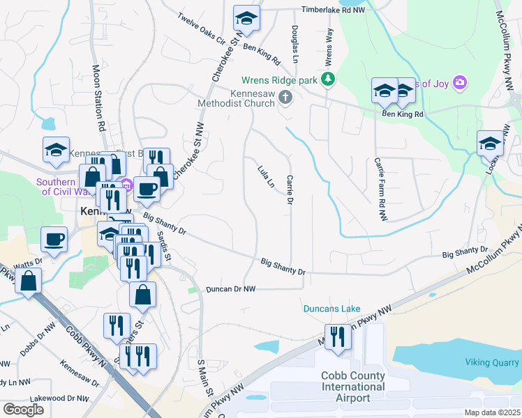 map of restaurants, bars, coffee shops, grocery stores, and more near 2848 Pine Hill Drive in Kennesaw