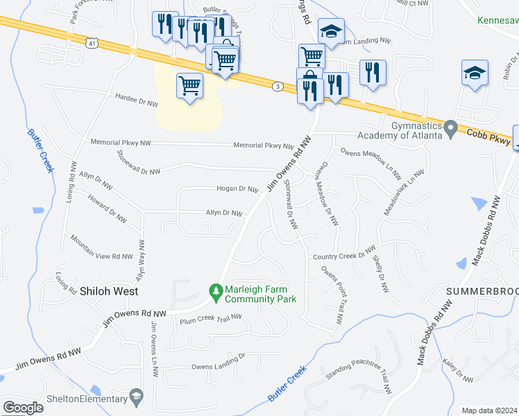 map of restaurants, bars, coffee shops, grocery stores, and more near 2874 Jim Owens Road Northwest in Kennesaw