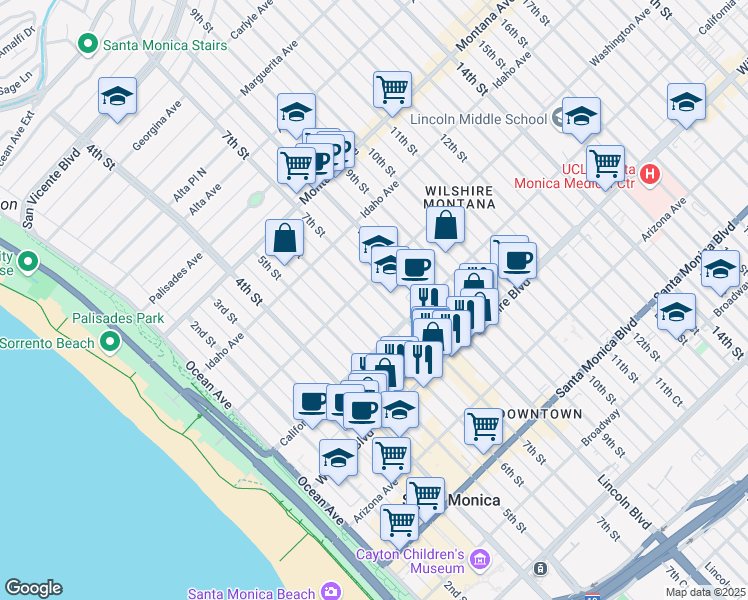 map of restaurants, bars, coffee shops, grocery stores, and more near 1012 7th Street in Santa Monica