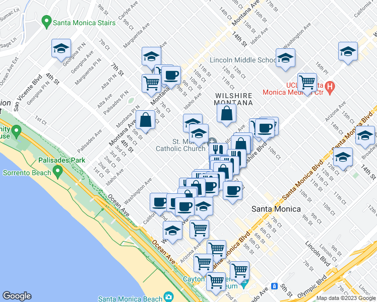 map of restaurants, bars, coffee shops, grocery stores, and more near 1012 7th Street in Santa Monica