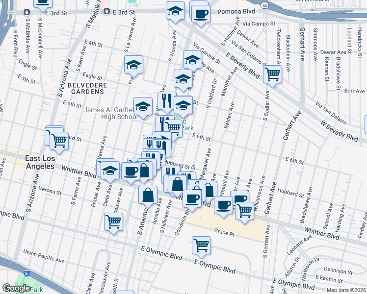 map of restaurants, bars, coffee shops, grocery stores, and more near 654 Amalia Avenue in East Los Angeles