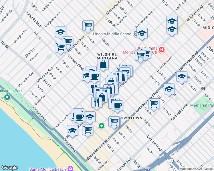 map of restaurants, bars, coffee shops, grocery stores, and more near in Santa Monica
