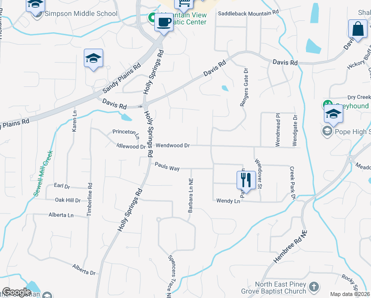 map of restaurants, bars, coffee shops, grocery stores, and more near 2936 Wendwood Drive in Marietta