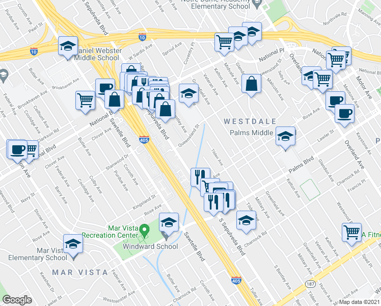 map of restaurants, bars, coffee shops, grocery stores, and more near 3281 South Sepulveda Boulevard in Los Angeles