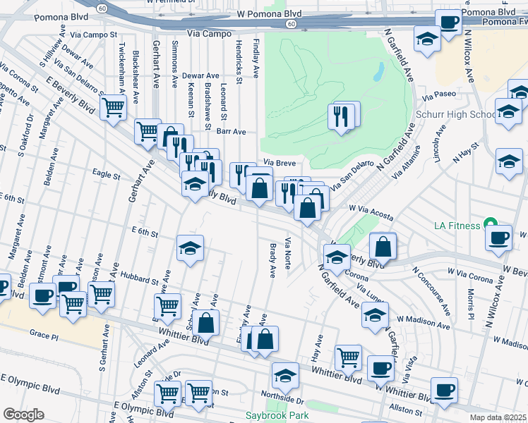 map of restaurants, bars, coffee shops, grocery stores, and more near 3104 West Via Corona in Montebello