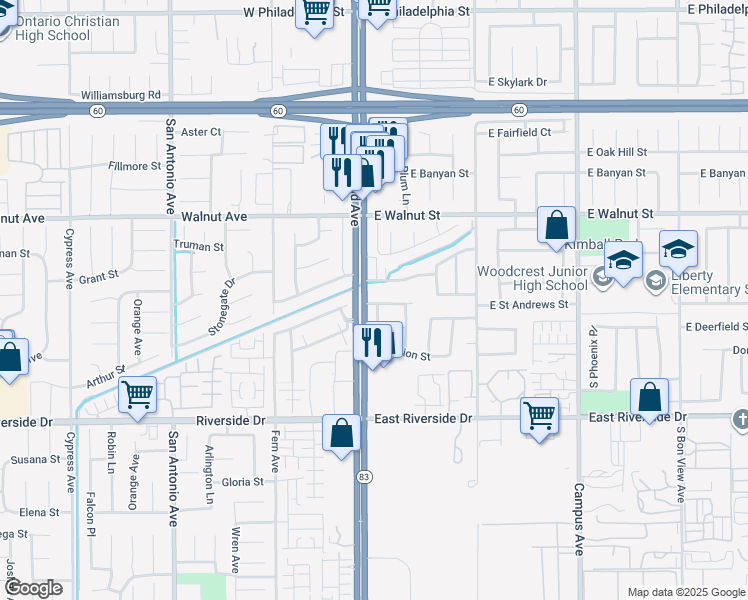 map of restaurants, bars, coffee shops, grocery stores, and more near 125 East Saint Andrews Street in Ontario