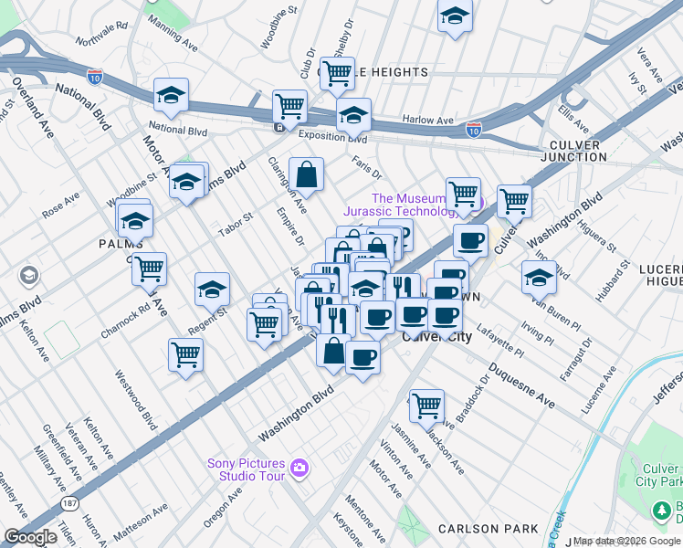 map of restaurants, bars, coffee shops, grocery stores, and more near 3767 Clarington Avenue in Los Angeles