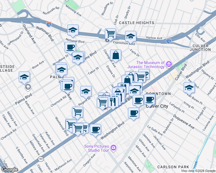 map of restaurants, bars, coffee shops, grocery stores, and more near 3718 Vinton Avenue in Los Angeles