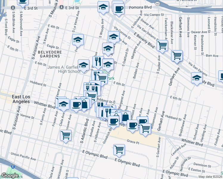 map of restaurants, bars, coffee shops, grocery stores, and more near 643 South Oakford Drive in East Los Angeles