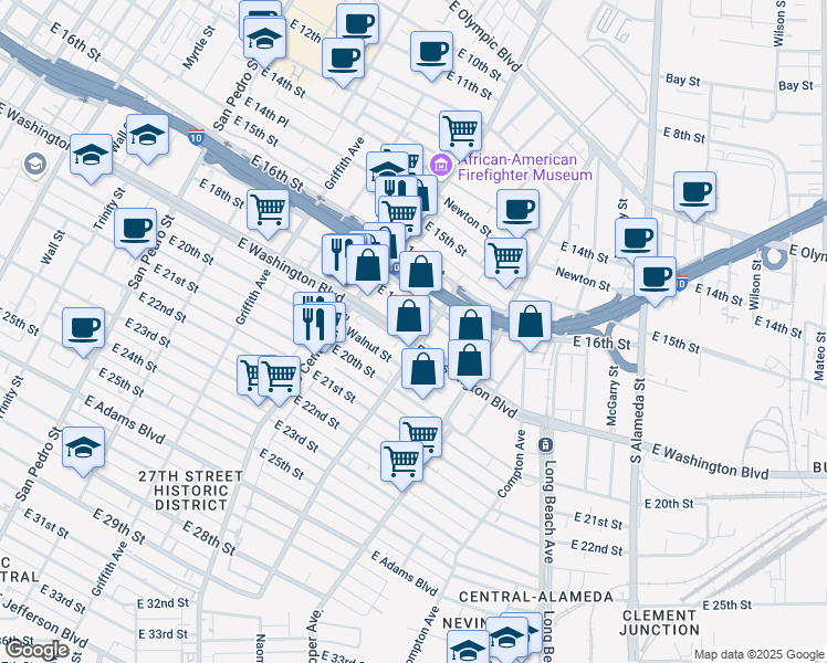 map of restaurants, bars, coffee shops, grocery stores, and more near 1402 East Washington Boulevard in Los Angeles