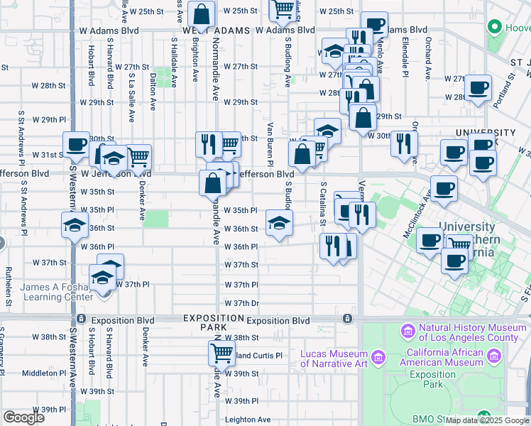map of restaurants, bars, coffee shops, grocery stores, and more near 1301 West 36th Street in Los Angeles