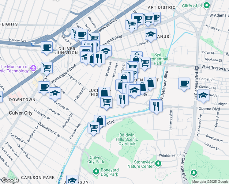 map of restaurants, bars, coffee shops, grocery stores, and more near 8567 Higuera Street in Culver City