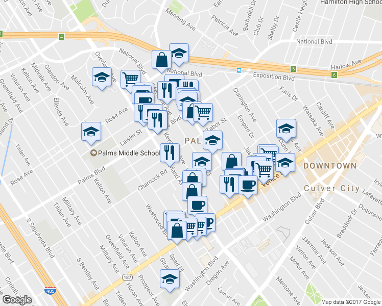 map of restaurants, bars, coffee shops, grocery stores, and more near 3625 Mentone Avenue in Los Angeles