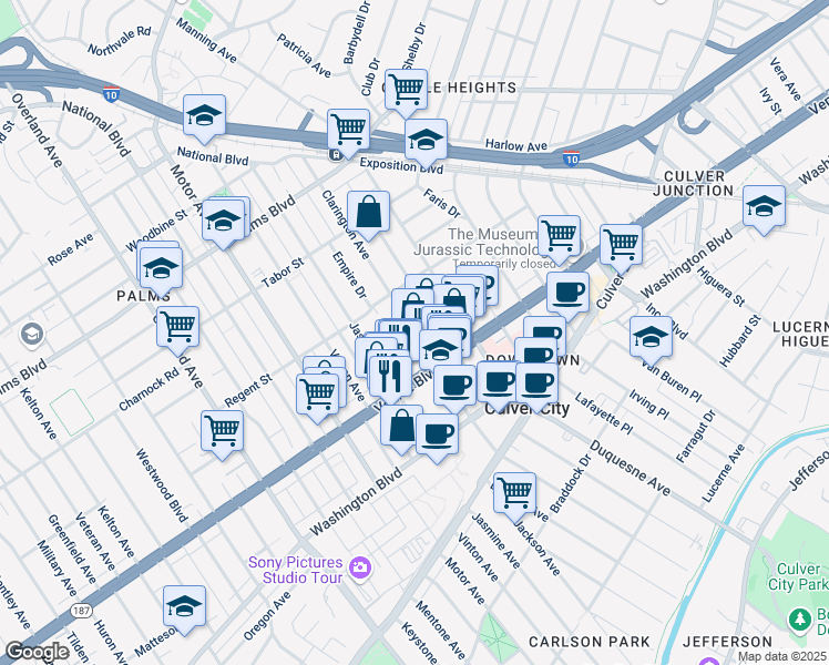 map of restaurants, bars, coffee shops, grocery stores, and more near 3767 Clarington Avenue in Los Angeles