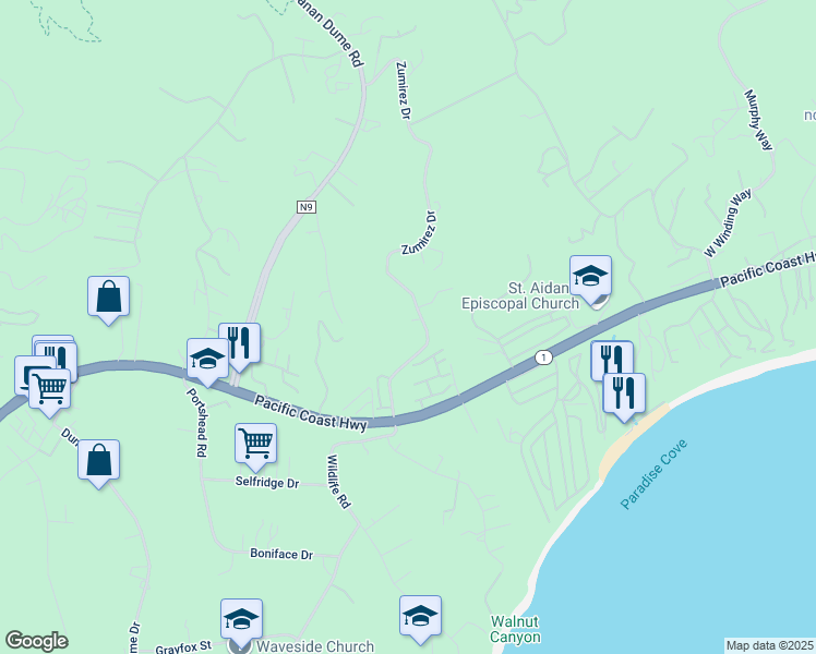 map of restaurants, bars, coffee shops, grocery stores, and more near 6363 Zumirez Drive in Malibu